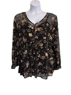 Style & Co. Sheer Black Blouse with Metallic Gold Floral Print Over Black Cami